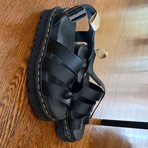 Dr. Martens Black Leather Platform Sandals with Yellow Stitching